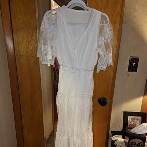 Long boho small sleeves see through lace white dress